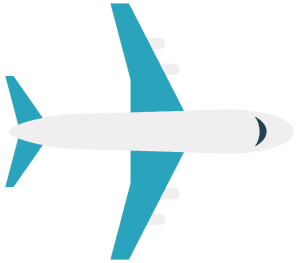 blue and white icon graphic of an aerial view of an airplane