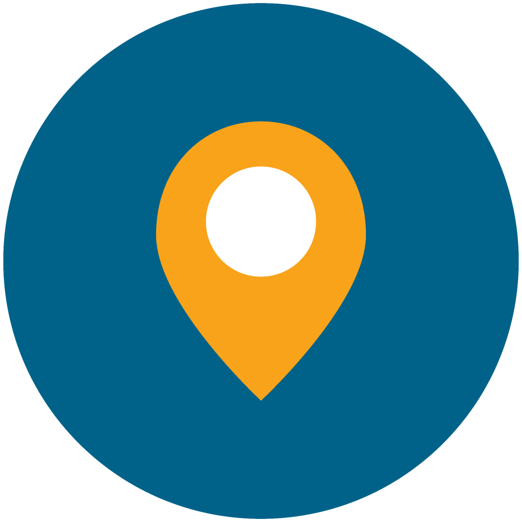 colorful icon graphic of yellow map pin in blue circle