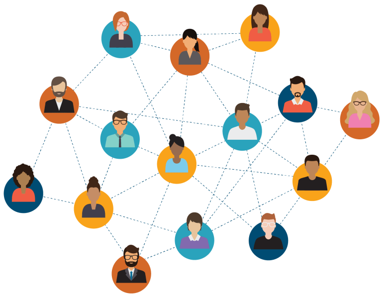 colorful icon graphic of a web of teachers connecting in community